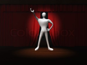 3d man with red stage curtain with spotlight on stage
