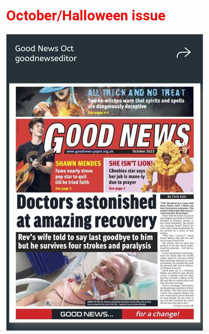 Ex Satanist Carrie heads front page Good News UK paper